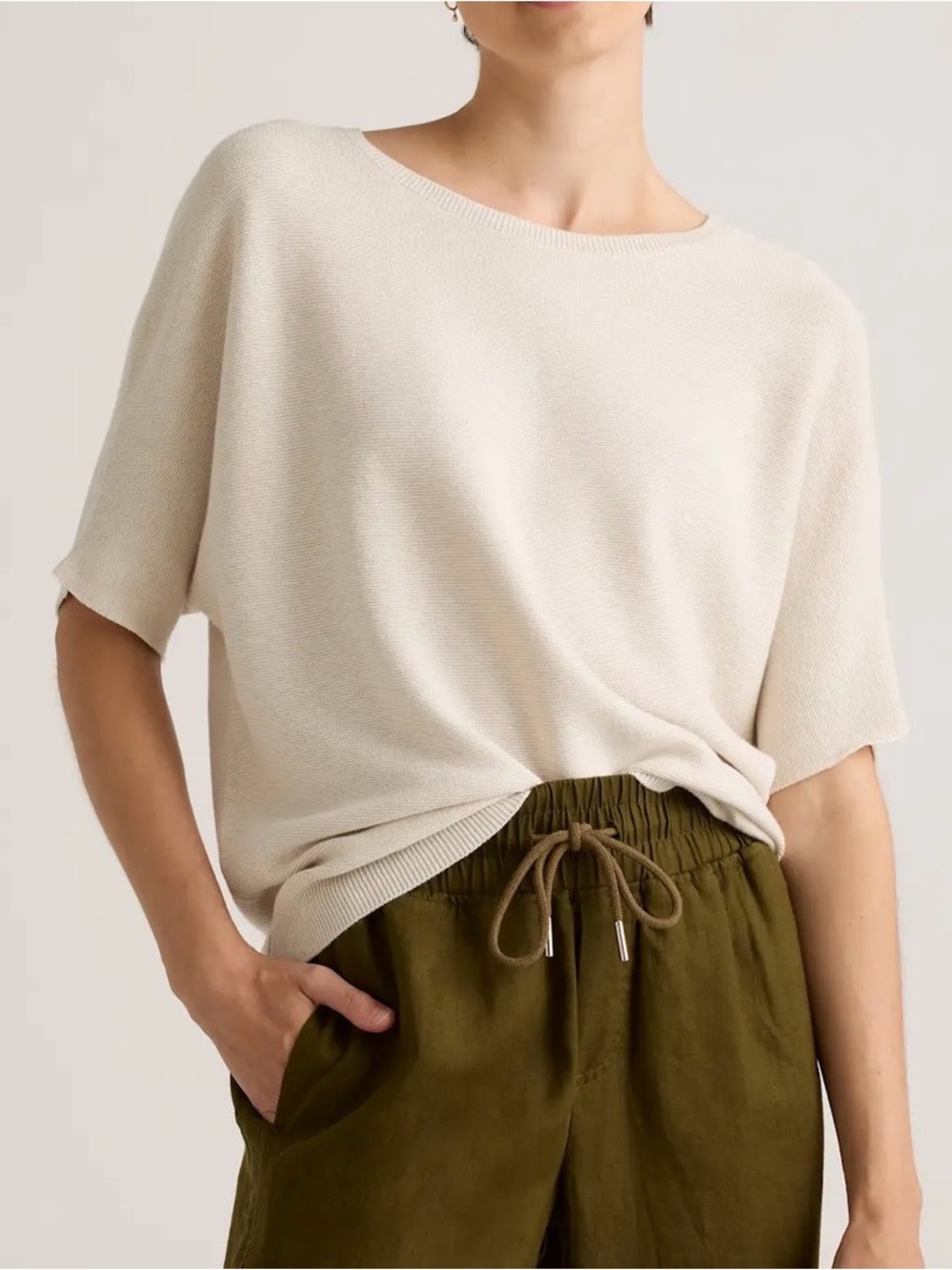 Lightweight Cotton Cashmere Link-Stitch Dolman Sweater in Heather Bone Size XL